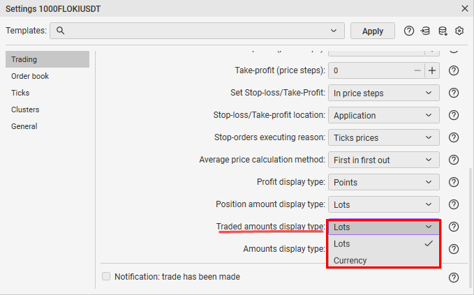 Traded Amounts Display Type setting in CScalp