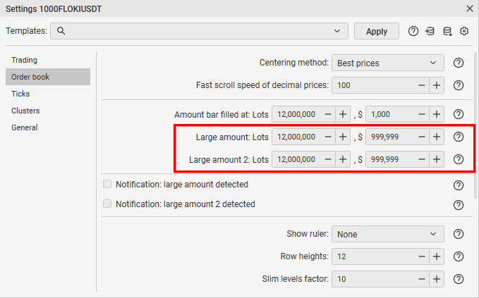 Large Amount setting in the CScalp trading terminal