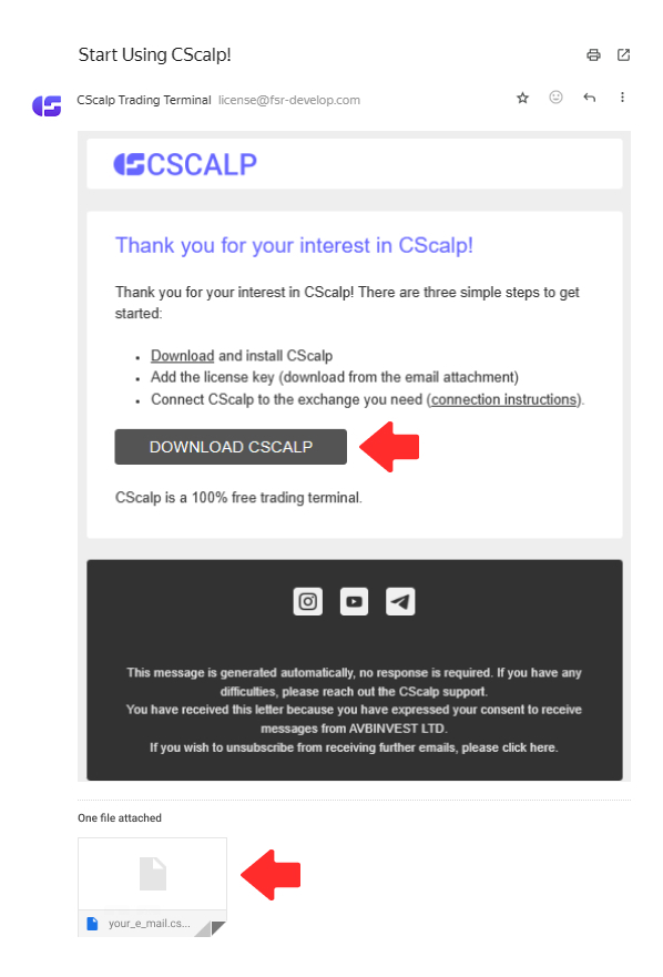 Email from the CScalp team that explains how to download and install CScalp