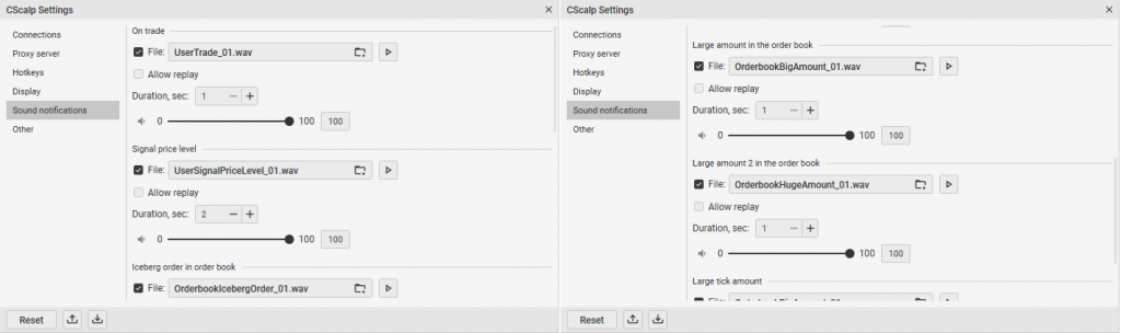 Types of sound notifications CScalp