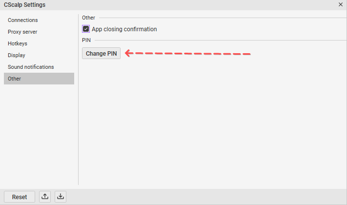 Option to change PIN code in the CScalp trading terminal