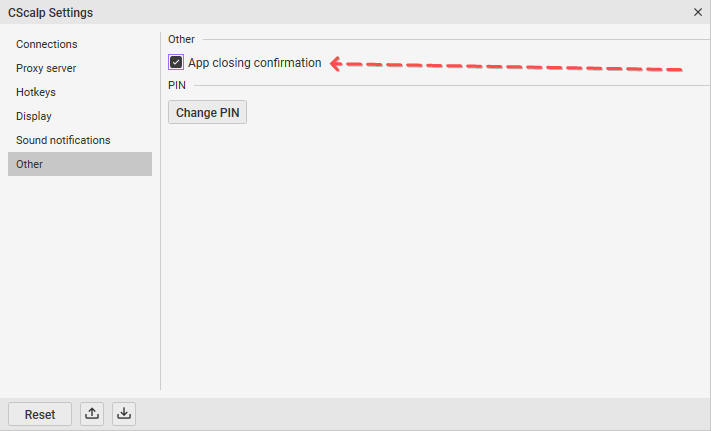 App Closing Confirmation in the CScalp trading terminal