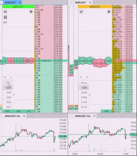 An example of how to configure and use trading volume in USD within the CScalp free trading platform.