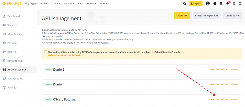 Edit restrictions of the Binance Futures API key