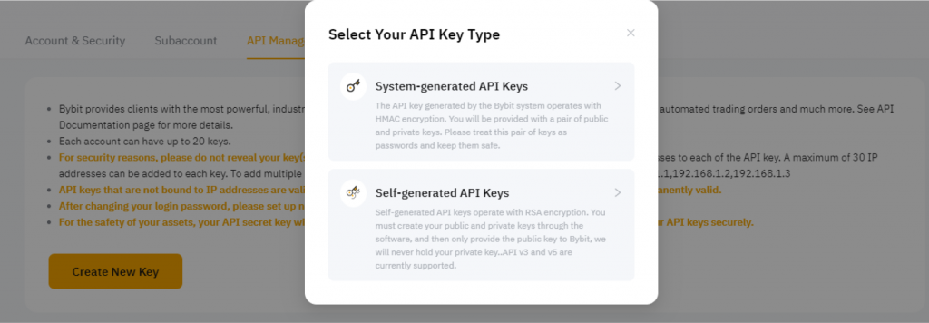 API Key type selection on Bybit exchange