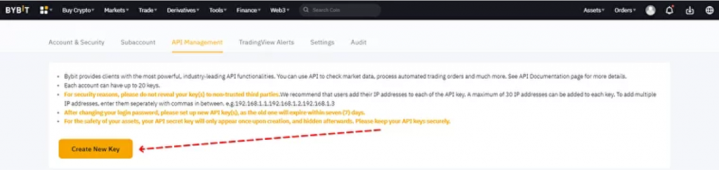 Create API Key button on Bybit crypto exchange