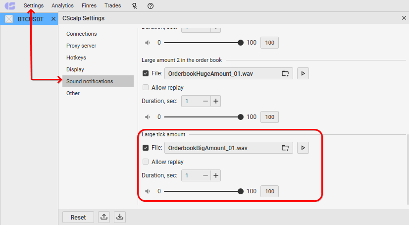 CScalp sound notification settings