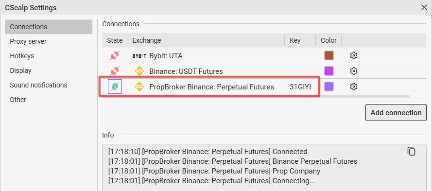 A successful connection to Prop-Broker is established in CScalp