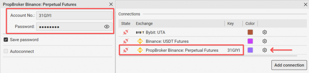 “PropBroker Binance: Perpetual Futures” connection is selected in the CScalp trading terminal