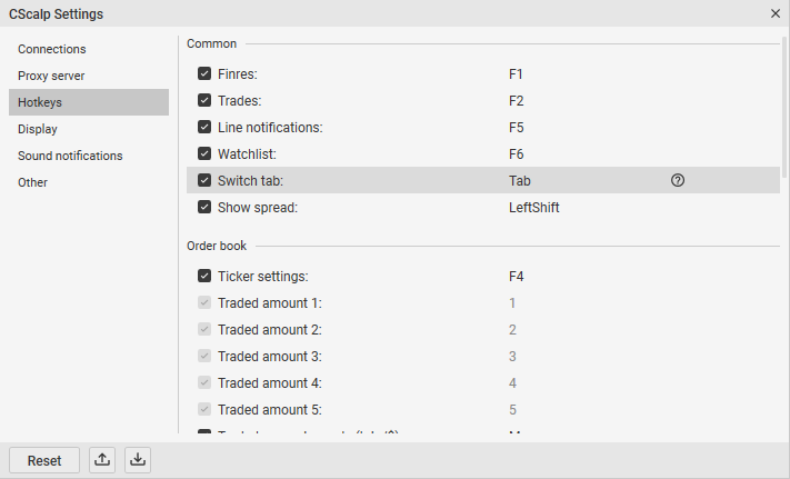 Hotkeys tab of the Settings window in CScalp