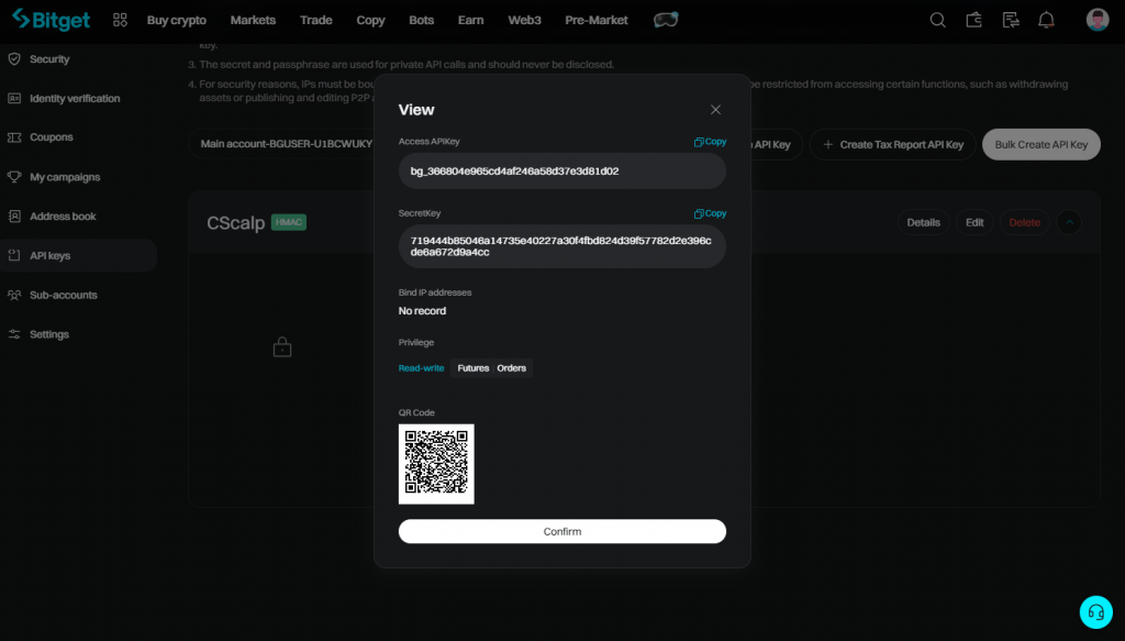 Bitget API keys, access and secret API keys