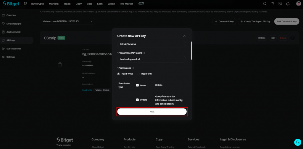 Bitget API key creation window