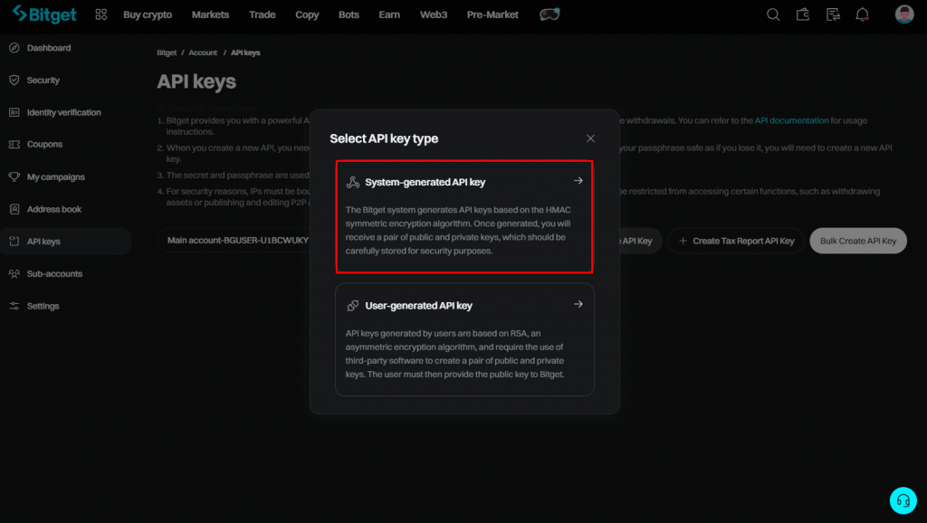 Bitget API key type selection window
