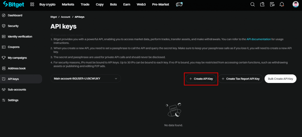 Bitget site, Bitget API section