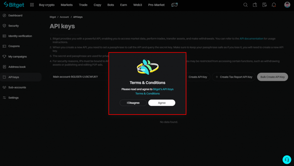 Bitget API usage terms agreement window
