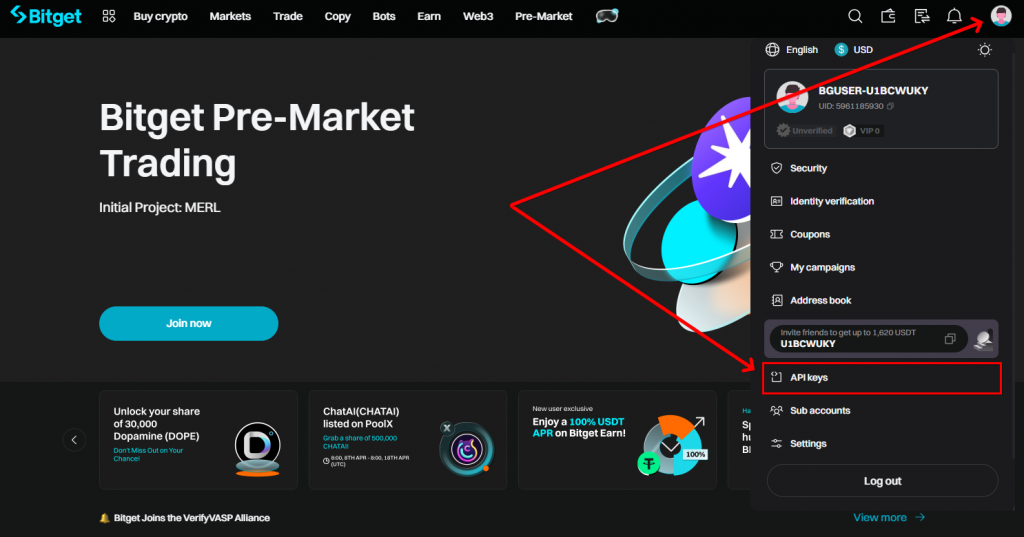 Bitget site, Bitget user menu