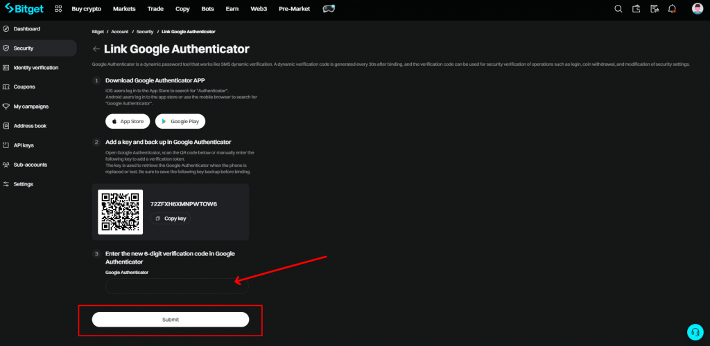 Google Authenticator connection page to Bitget exchange