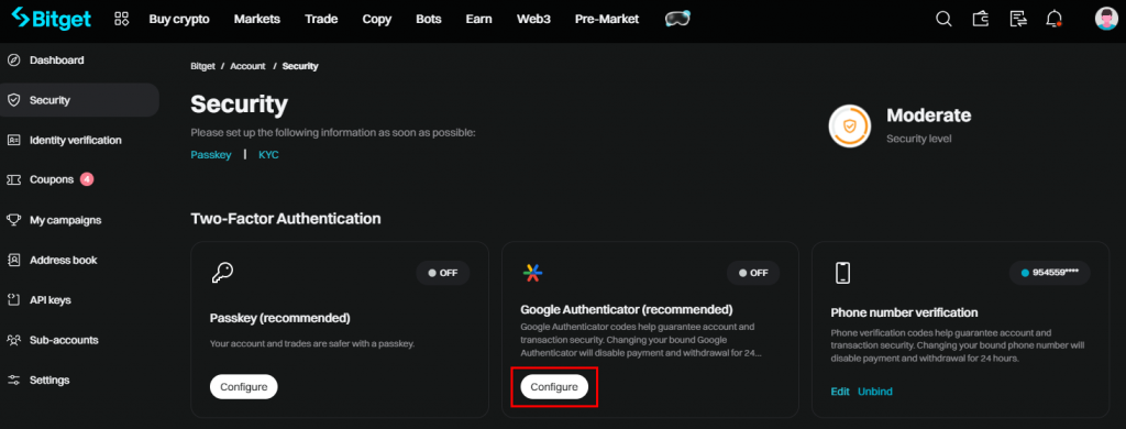 Bitget security settings, connecting 2FA on Bitget