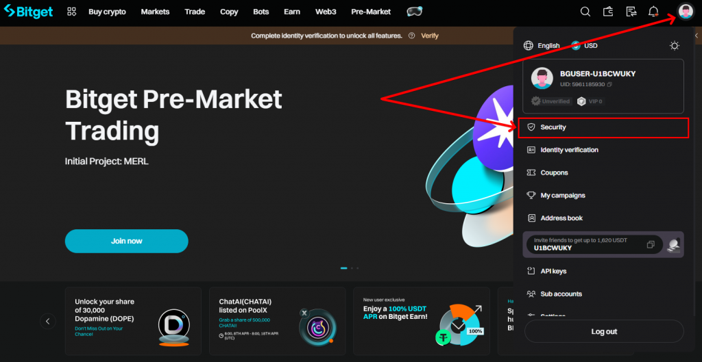 Bitget site, Bitget user menu