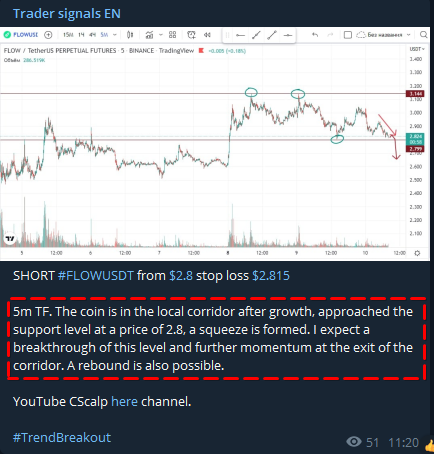 A free crypto trading signal is posted on the CScalp free trading signals channel on Telegram