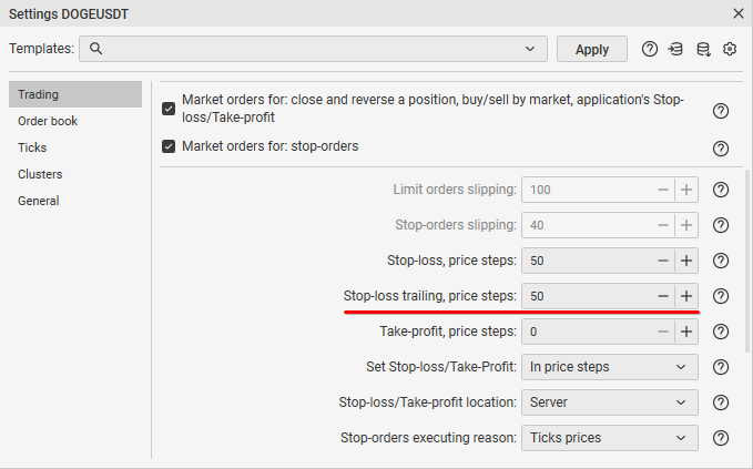 Trailing stop settings in the CScalp trading terminal