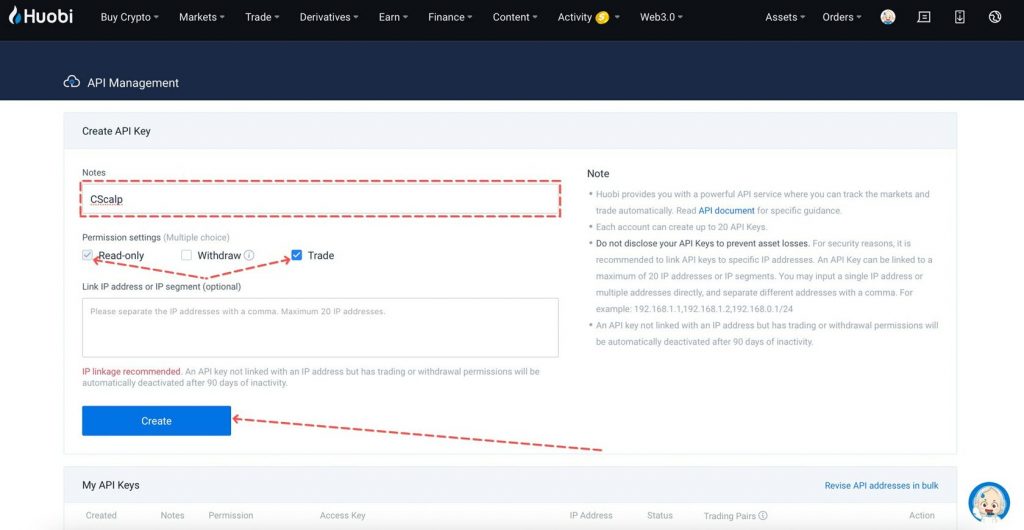 HTX API Keys permissions