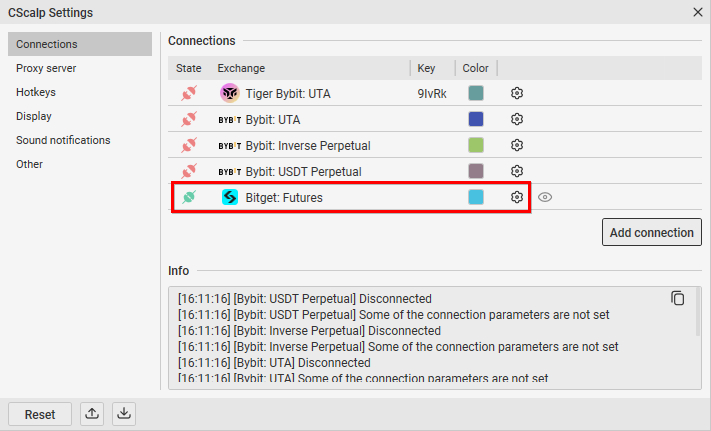 Bitget connection is visible in the CScalp trading terminal