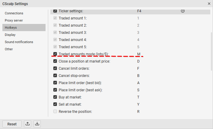 Traded amounts mode (lots/$) setting
