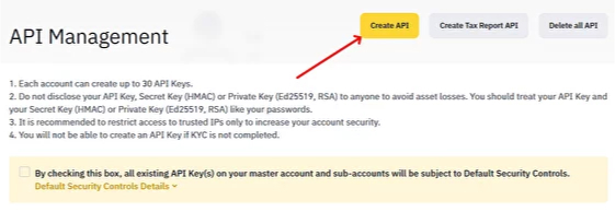 “Create API” button on the Binance exchange is highlighted in red