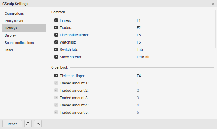 CScalp trading platform new design: Hotkkey settings