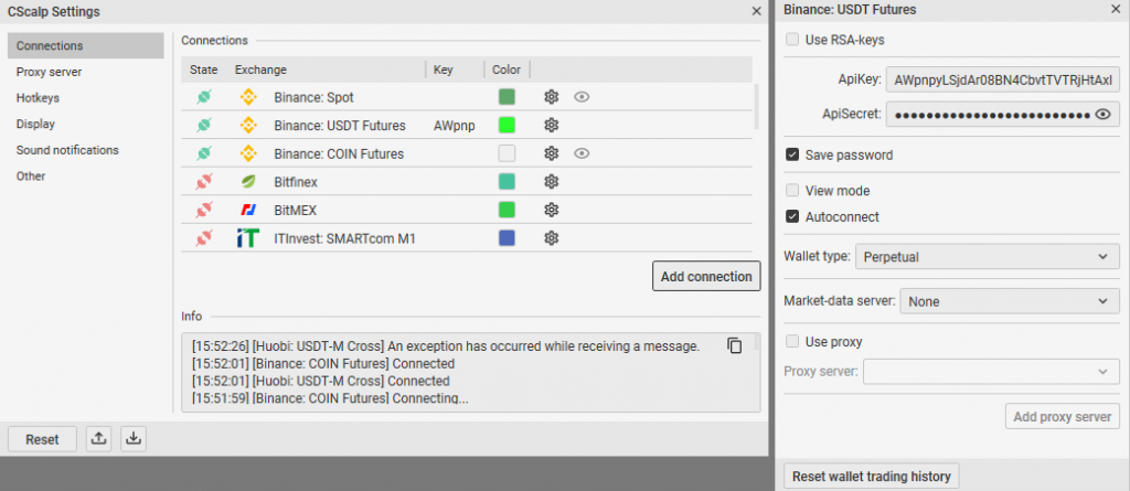 CScalp trading platform new design: Connection Window