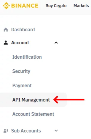 “API Management” section on the Binance exchange