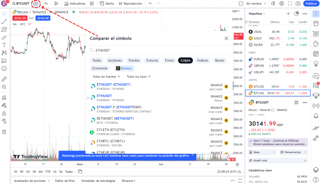 Menú para comparar el símbolo en TradingView