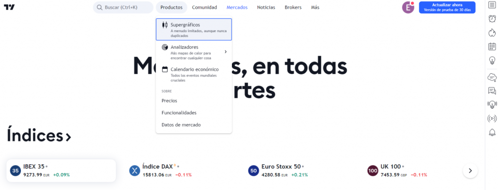 Página principal de TradingView con opción de abrir Supergráficos
