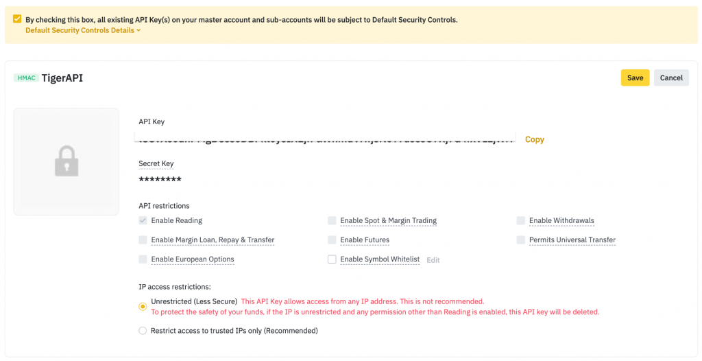 Binance API window
