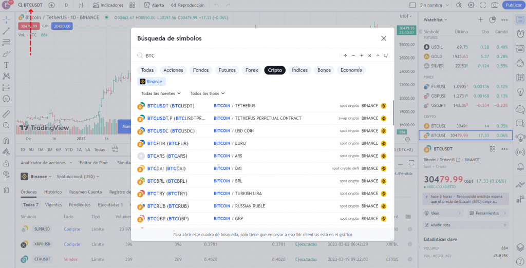 Busqueda de simbolos en TradingView