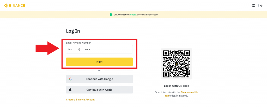 Página de inicio de sesión de tu cuenta Binance