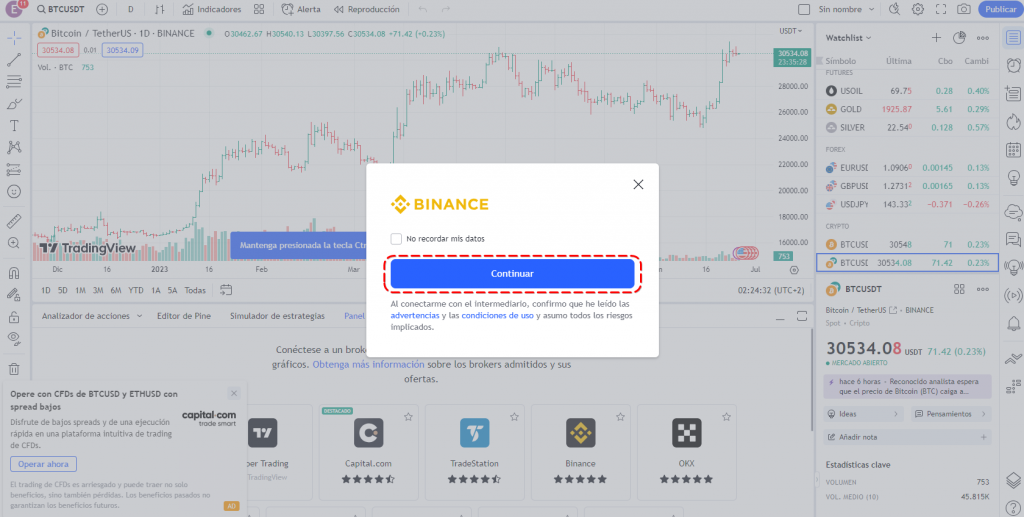 Haz clic en Continuar en TradingView para ir al sitio web de Binance