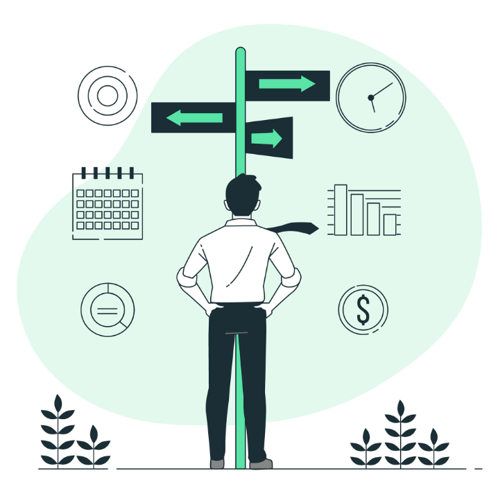 Dibujo de hombre evaluando diferencias para tomar decisiones comerciales