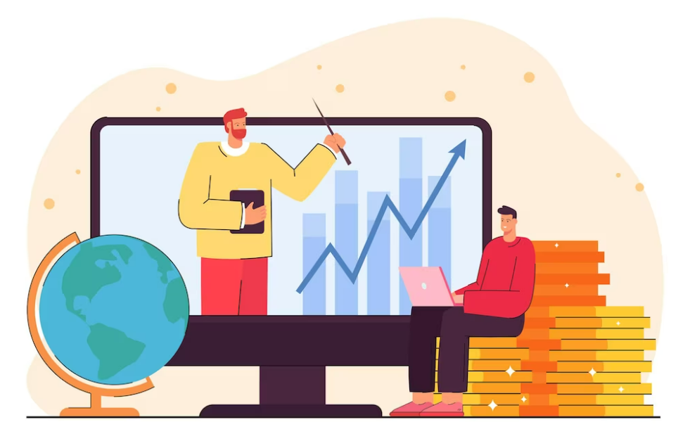 Ilustración vectorial que muestra un globo terráqueo, una persona sentada sobre una pila de libros con su computadora portátil, viendo una clase para aprender trading en un monitor dónde aparece una persona señalando gráficos