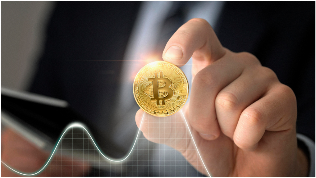 Mano sosteniendo una criptomoneda y ondas simulando la volatilidad del scalping en Binance