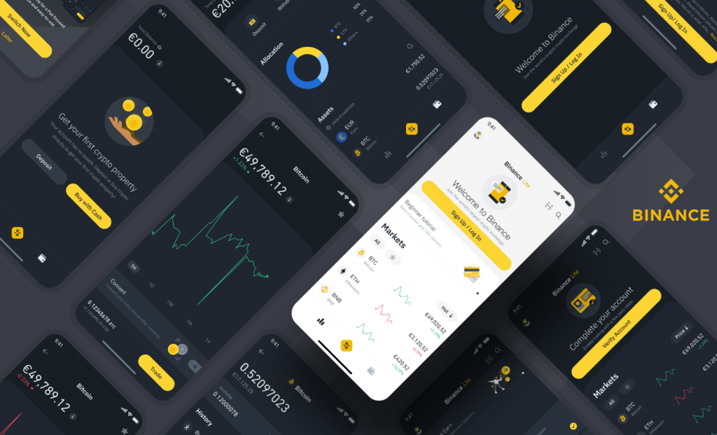 Illustration with various smartphones featuring the Binance mobile app interface