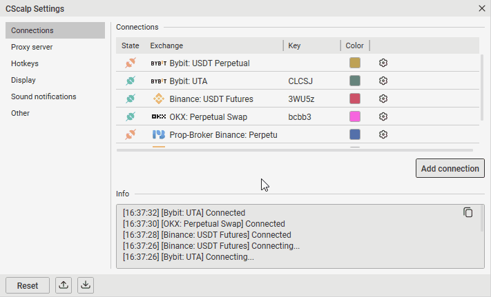 Interface element highlights in the CScalp trading terminal