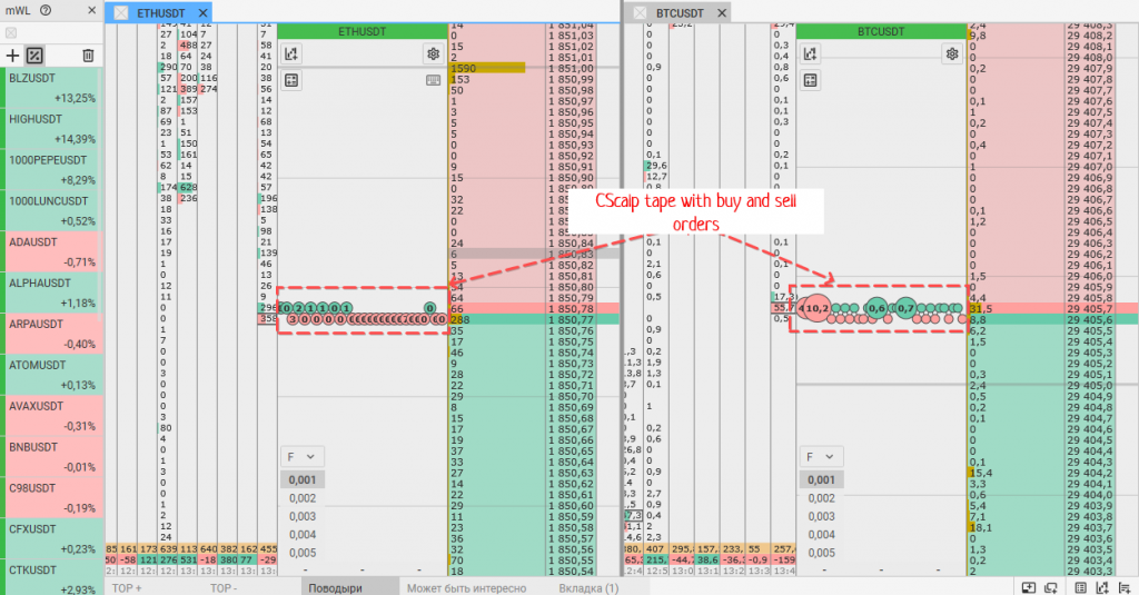 The order book in the CScalp trading terminal is used to catch a falling knife