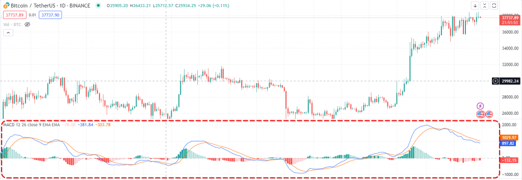 MACD indicator is visible on the BTC/USDT chart on TradingView