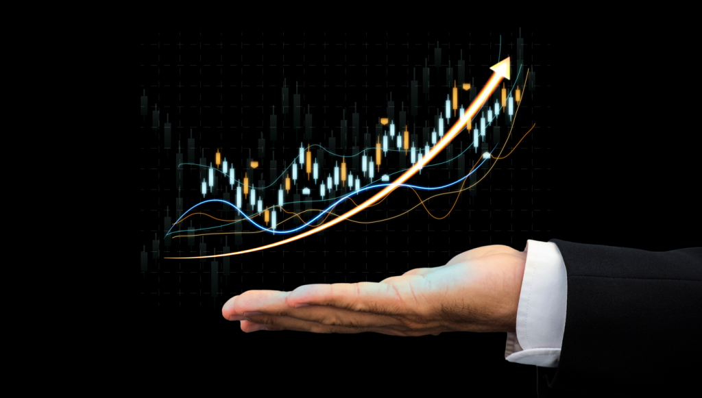 A hand holding a cryptocurrency chart that represents perpetual futures trading
