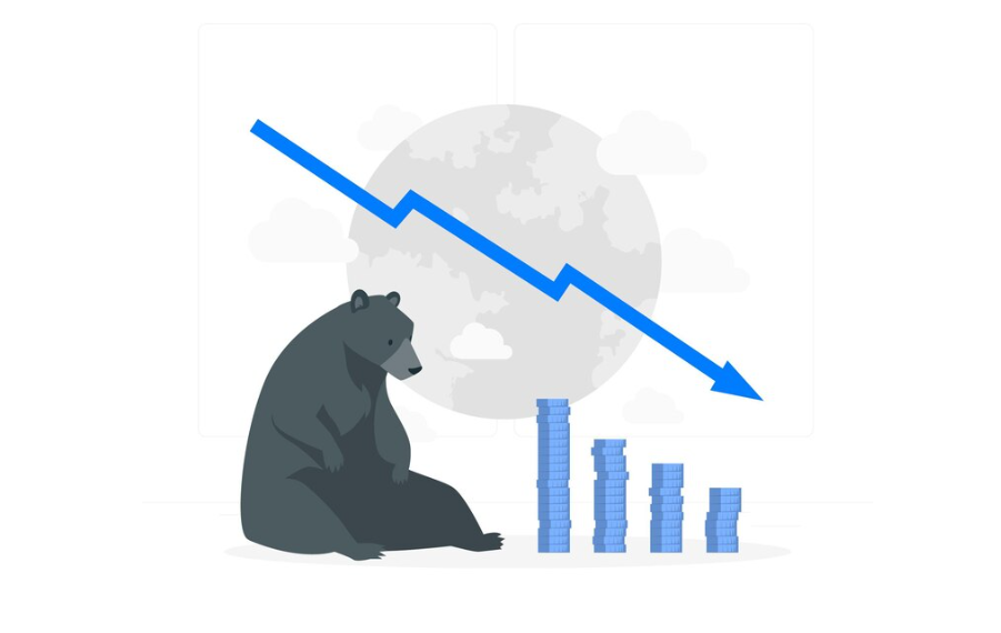 Candlestick trading: illustration of a bear next to a falling price chart, representing bear trap trading