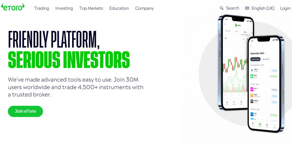 eToro crypto trading app homepage