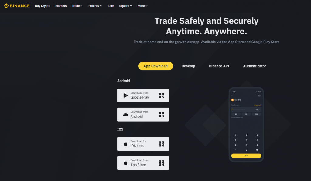 Page to download the Binance crypto trading app 