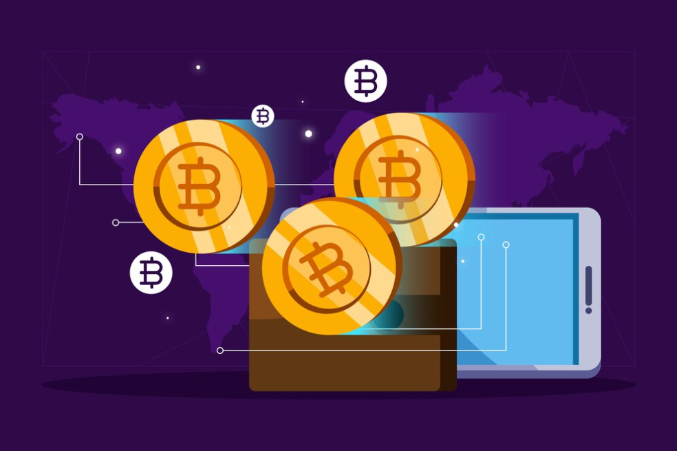 Best exchange to short crypto is represented by an illustration of a smartphone, Bitcoin, and a wallet